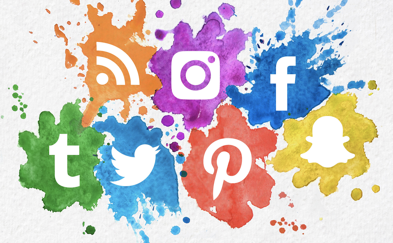 social media icons, including Pinterest, Facebook, Twitter, and more in watercolor