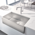Made in Germany, Blanco’s Precision apron-front sink features a rear-positioned drain hole for maximum usable bowl and a Durinox finish that is twice as hard as conventional stainless steel surfaces. It is paired with the Panera single-lever, pull-out faucet, made with stainless steel inside and out.