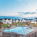 Central pool and amenities at multifamily rental development Hermosa Village in Texas