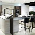 Modern kitchen, silver/white-toned cabinets, photo courtesy Poggenpohl