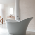 Victoria + Albert’s Amalfi freestanding modern slipper tub, made with smooth, white ENGLISHCAST® and available in seven exterior colors, measures only 64.25 inches long making it ideal for small spaces. 