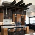Black and wood in the kitchen with a custom treatment for the ceiling