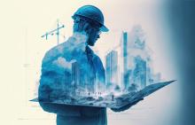 Construction engineer holding plan in double exposure above blue city and construction site for ai resource guide article. Generative AI