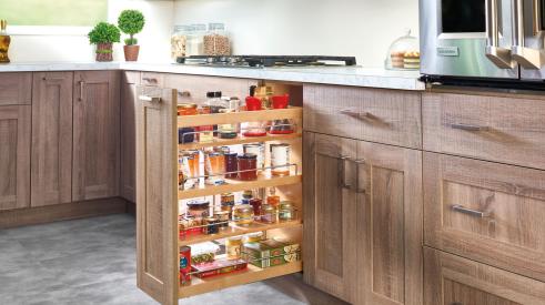 The 449 Series from Rev-A-Shelf includes the Bottom and Side Mount Soft-Close Base Organizer (shown), and the Bottom and Side Mount Soft-Close Utensil Bin Base Organizer. Featuring natural maple construction and Blum Tandem Soft-Close slides, the system is designed for 9-inch or 12-inch wide, full-height base cabinets, offers three shelf units, and is TSCA Title VI compliant.