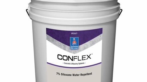 Sherwin-Williams recently updated its line of concrete and masonry coatings, including 19 ConFlex solutions color-coded for easier reference. The ConFlex Proven Performance Lineup includes ConFlex Block Filler for prep work (labeled in blue); an array of nine, green-labeled finishing products, including acrylic coating, waterproofer, elastomeric coating, and solvent-borne smooth coating; and purple-labeled 7 percent Siloxane Water Repellent (shown). 