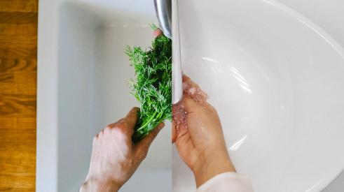 Split photo of man washing herbs in kitchen and woman washing hands in bathroom