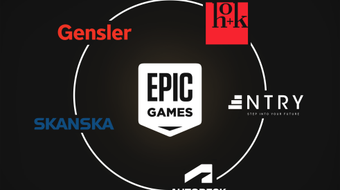 Epic Games company logo surrounded by Autodesk logo, AEC firm logos, and NTRY logo.