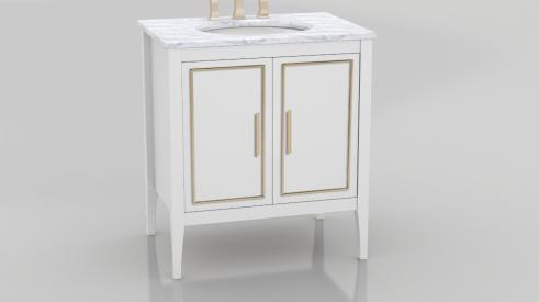 Three long drawer fronts with metallic trim cut an elegant figure in The Furniture Guild’s latest transitional vanity, Lydia. With double drawer pullouts hidden behind non-sink doors and a third pullout for added storage, the vanity is sized from 24 to 72 inches wide in single- or double-bowl configurations, with optional glass dividers and LED lights. 