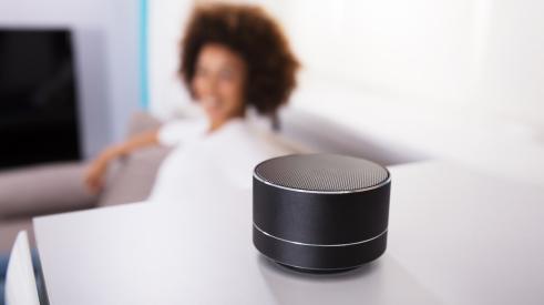 A woman is sitting on the couch, looking at her smart speaker.