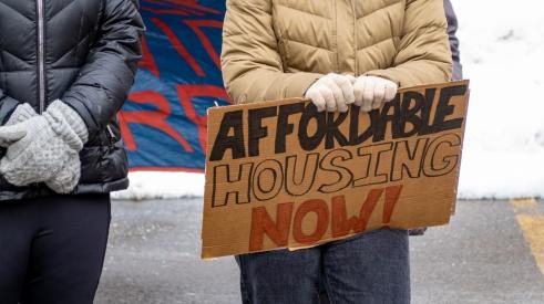 Affordable housing sign at protest