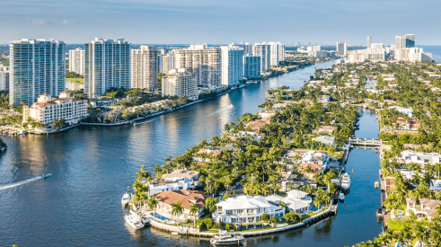 Homes along water on the Atlantic Coast of South Florida