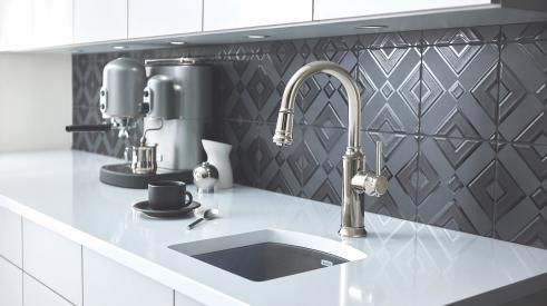 Empressa kitchen faucet collection, emphasizing silhouettes influenced by the form of vintage European wine presses