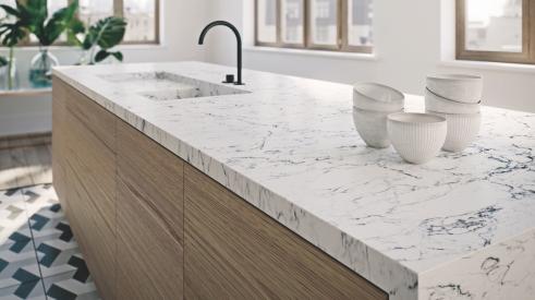 White Attica from Caesarstone's Whitelight Collection installed on a kitchen countertop