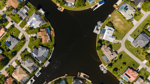 Aerial view of Cape Coral, Florida, homes on the water
