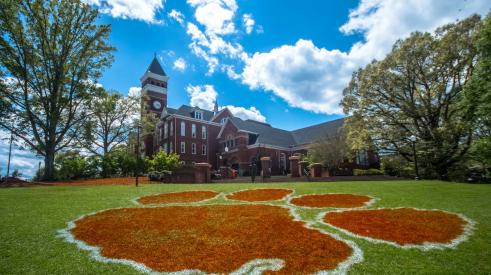 Clemson University logo on campus lawn in South Carolina