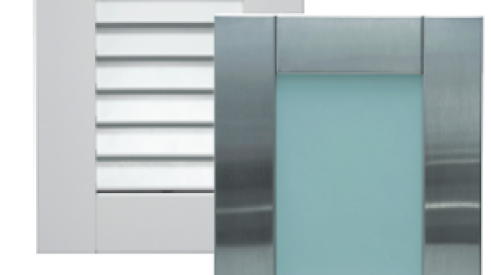 Two examples of Danver Stainless Outdoor Kitchens' new line of cabinet door styles: louvered and green glass insert.