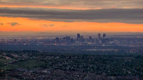 Aerial view of downtown Denver, CO at sunrise