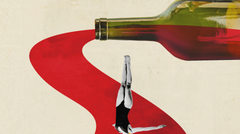 Red stream flowing out of wine bottle with swimmer diving down