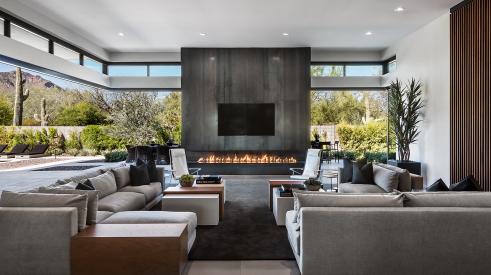 Clerestory windows with a fireplace in the home's great room