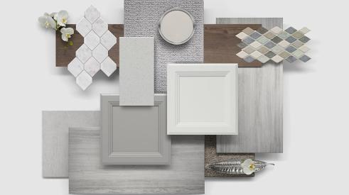 Montage sample of cabinet, tile, and counter finishes