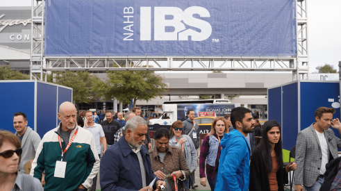 Attendees at the International Builder's Show outside the convention center