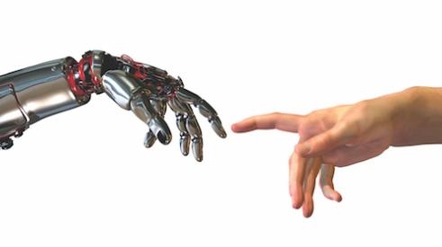 Robot hand (new technology) touching finger with human hand (old tech)