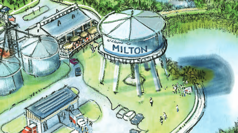 Rendering of Milton granary surrounded by pond and businesses