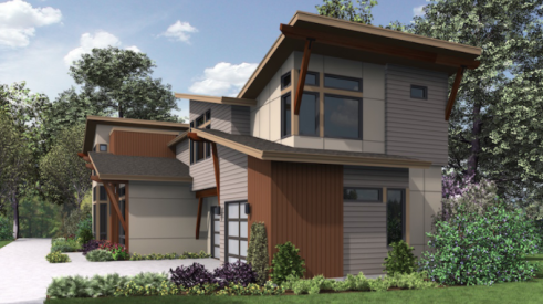 Exterior elevation of a house plans for narrow lots, designed for Merit Homes in Seattle