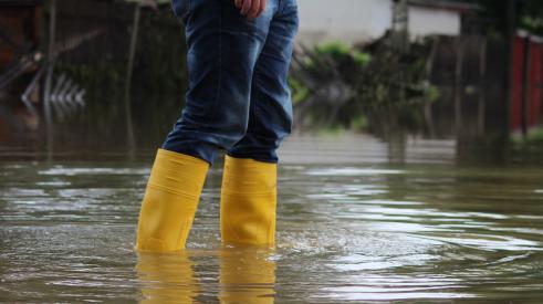 Person wearing yellow boots wading through flood waters