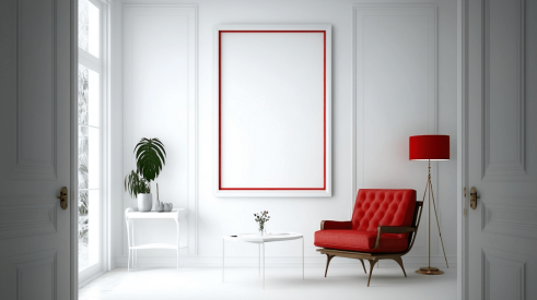 Red highlights on chair and lamp in white room