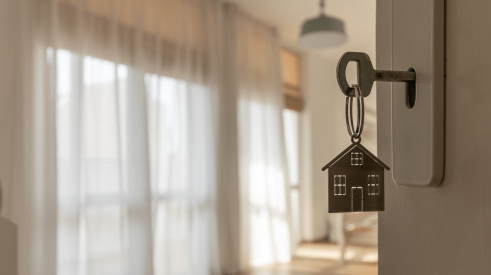Rental home key in door