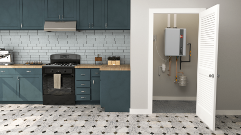 Rheem high-efficiency condensing water heater installed in closet near the kitchen