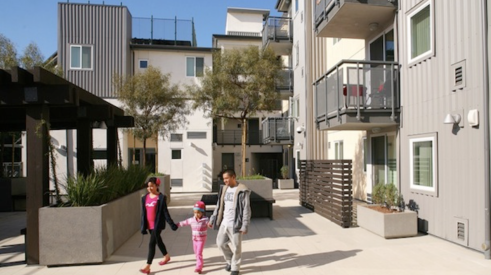 exterior of the Rio Vista low-income rental apartment project built on land owned by the Los Angeles Unified School District