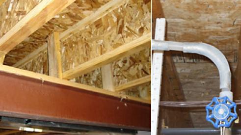Squash blocks installed to support load from above. Right: Load from above without squash blocks or blocking panels caused this web to buckle. Blocking panels should have also been used to provide lateral support to the joist ends.