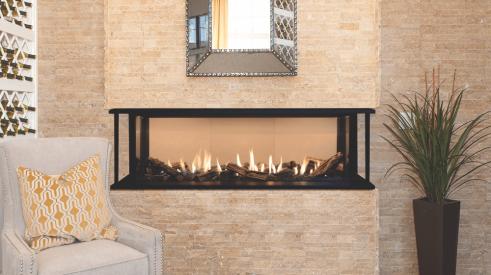 Valor has a multisided series of linear radiant gas fireplaces, LX2. This is the 3-Sided model