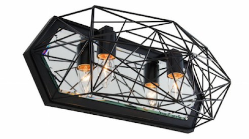 The Varaluz Wright Stuff bath light has a steel Frank Lloyd Wright-inspired design with a black finish and mirrored backplate.