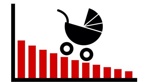 Graphic of baby stroller on a downhill bar chart