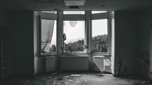 black and white Interior of abandoned house