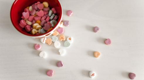 Candy hearts in a bowl