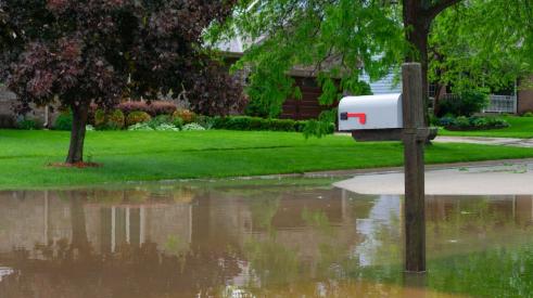 Mailbox next to flooded street in residential neighborhood