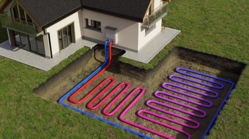 Graphic of geothermal system underground beside residential home