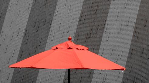 coral colored umbrella against grey backdrop