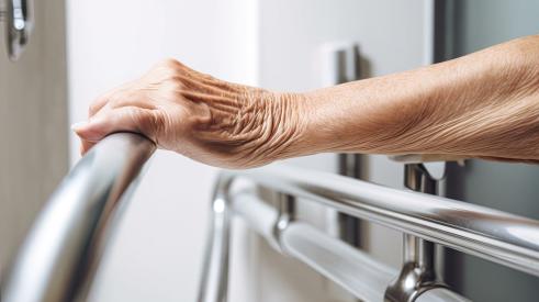 Elderly woman grabbing handrail in bathroom
