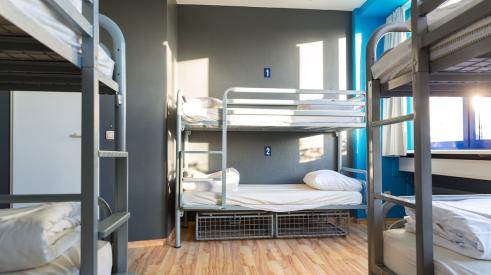 Hostel-style sleeping arrangement in homeless shelter