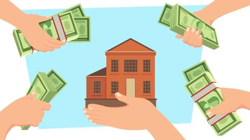 Graphic of hands holding cash near hand holding a house