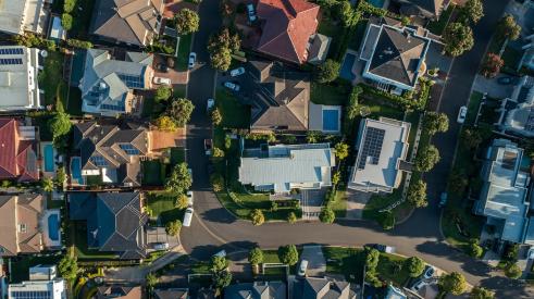 Aerial view of residential neighborhood of single-family homes