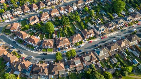 Aerial view of houses in suburban residential neighborhood