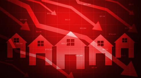 Red chart with downward arrows and home prices backdropped by houses