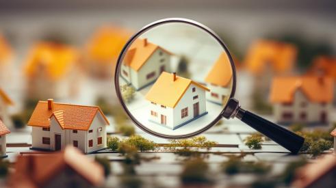 Magnifying glass held up to small house in neighborhood of other homes