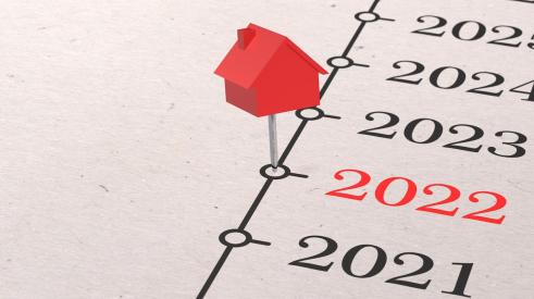 Housing market timeline with red house pin on year 2022